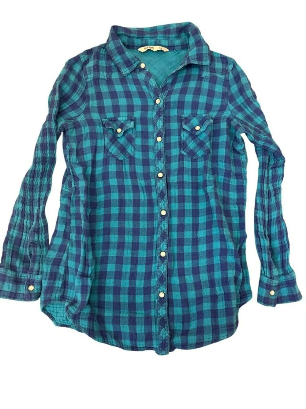 Old Navy Juniors Button-Down Shirt S Blue & Green Plaid Pearl Snap Y2K Grunge